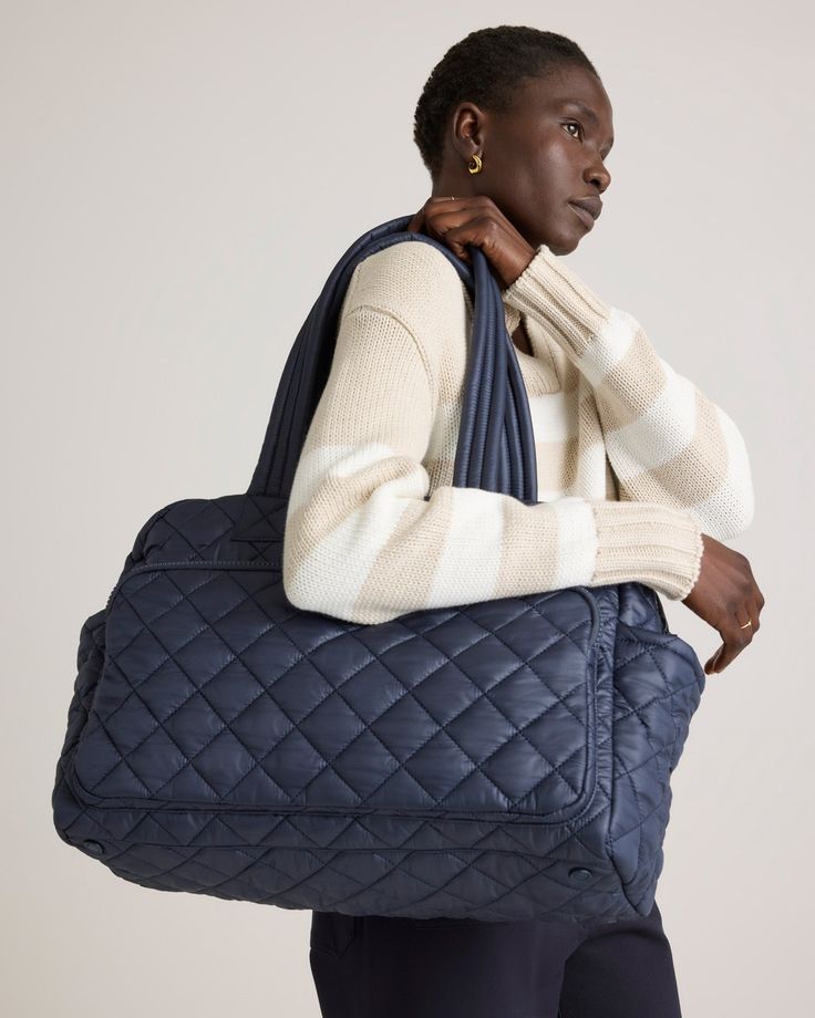 Meet your go-anywhere, carry-anything duffle. Our Transit Quilted Duffle Bag has the texture of your favorite puffer but with way more functionality: with multiple pockets, an adjustable shoulder strap, and dual top handles for an easy carry. Plus its water-resistant material is made from 16 recycled materials and keeps plastic bottles out of oceans and landfills. Sporty Quilted Shoulder Bag For Travel, Sporty Everyday Quilted Bags, Weekend Nylon Bag With Zipper Closure, Versatile Nylon Weekend Bag, Versatile Nylon Bag For Weekend, Versatile Nylon Weekend Shoulder Bag, Versatile Nylon Shoulder Bag For Weekend, Versatile Nylon Shoulder Bag, Functional Quilted Bag For Overnight Trips