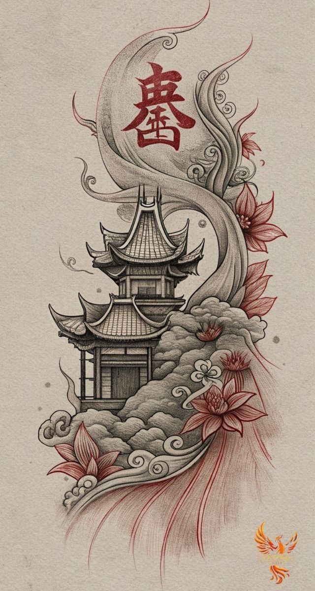 Asian Realism Tattoo, Negative Space Japanese Tattoo, Japanese Filler Tattoo Ideas, Asian Drawing Sketch, Japanese House Sketch, Traditional Chinese Tattoo, Asian Traditional Tattoo, Japenses Tatoos Design, Asian Tattoo Sleeve