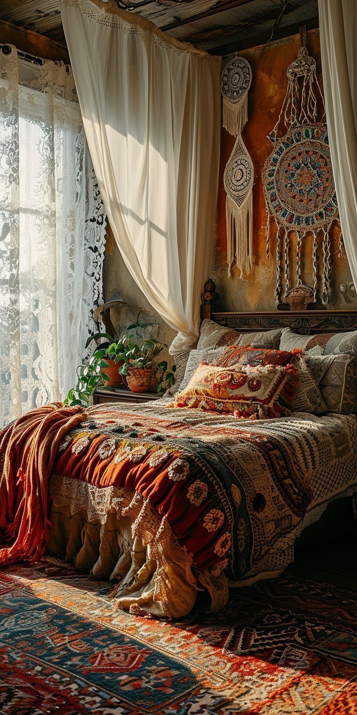 a large bed sitting in a bedroom next to a window with curtains on the windowsill