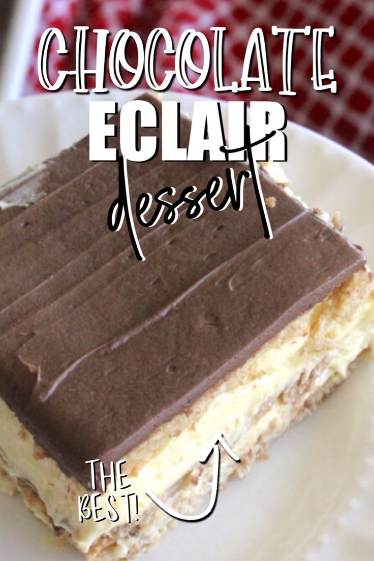 a piece of chocolate eclair dessert on a white plate with the title above it