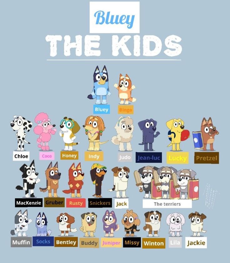 bluey the kids poster with many different cartoon characters and their name on it's back