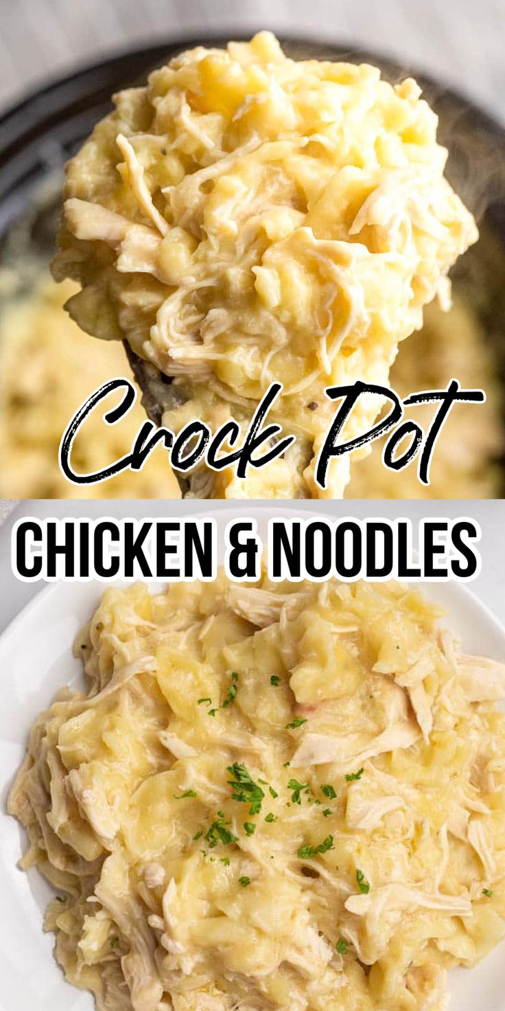 CROCK POT CHICKEN & NOODLES Crockpot Meals With Shredded Chicken, Easy Crockpot Noodle Recipes, Chicken N Noodles Crockpot, Crock Pot Crowd Pleasers, Chicken Noodle Casserole Crockpot, Reames Chicken And Noodles Crockpot, Creamy Chicken And Noodles Crockpot, Crockpot Rotisserie Chicken Recipes, Rotisserie Chicken Crockpot Recipes