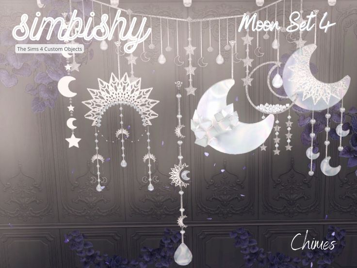 the moon and stars are hanging from the ceiling in front of an ornate wall with text that reads, simlishy moon set 4