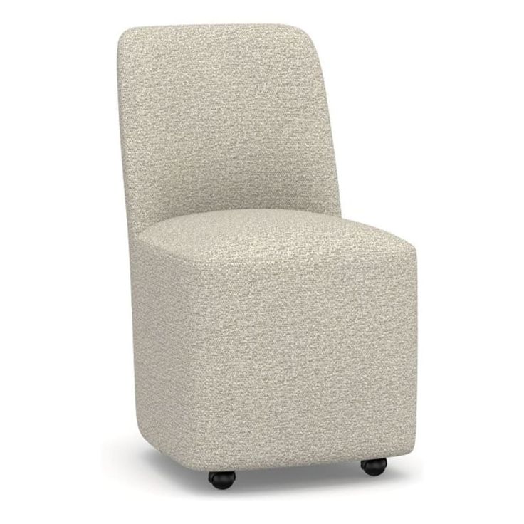 an upholstered chair with wheels on the bottom and back, in white fabric