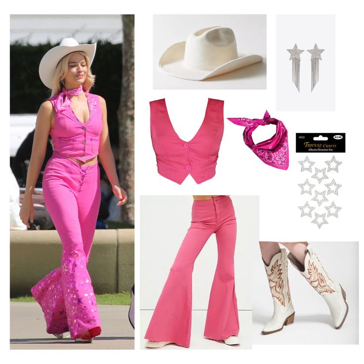 a woman in pink outfit and cowboy hat