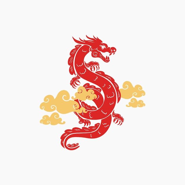 a red and yellow dragon with clouds in the background