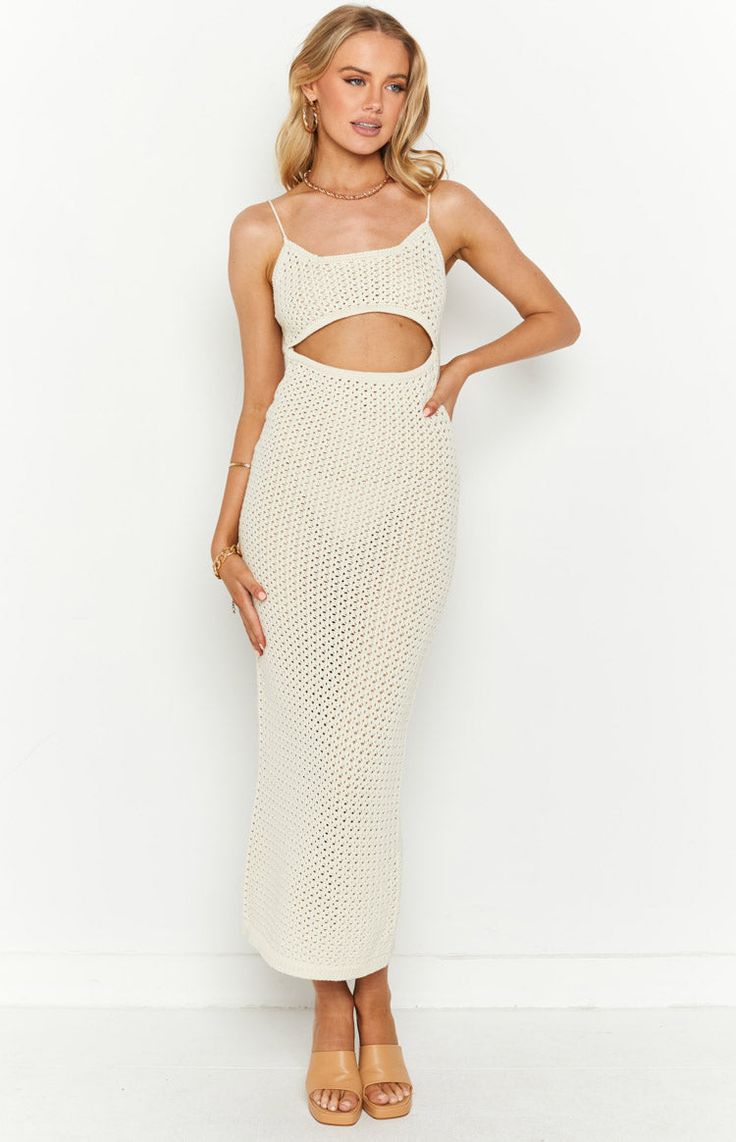 Beige Crochet Knit Maxi Dress Going on a beach getaway? This crochet knit midi dress is perfect for the warmer weather - going from beach to bar. Pair with sandals and sunnies for a gorg look. Maxi length Crochet fabric Cutout at front Tie up at back Backless Sheer Unlined Heavyweight fabric with stretch Beige Crochet, Knit Maxi Dress, Beach Getaway, Maxi Dress Sale, Crochet Fabric, Children Shoes, Maxi Knit Dress, Knit Midi, Knit Midi Dress