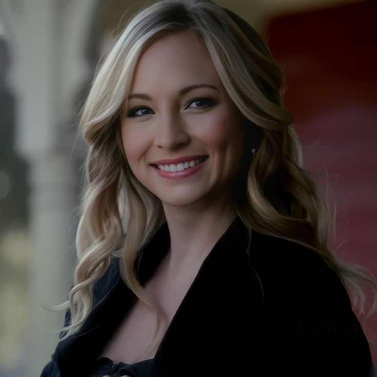 a woman with blonde hair is smiling for the camera while wearing a black shirt and jacket