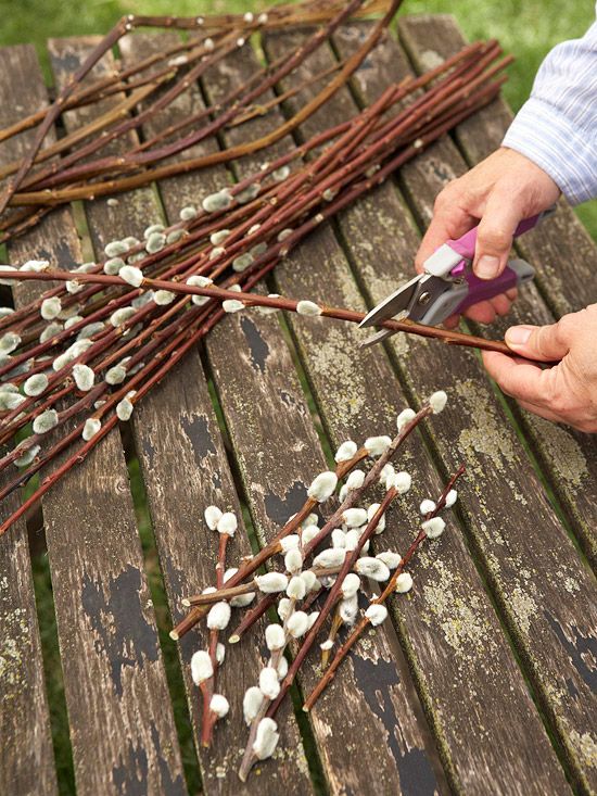 a person cutting branches with scissors on a wooden table in front of grass and flowers