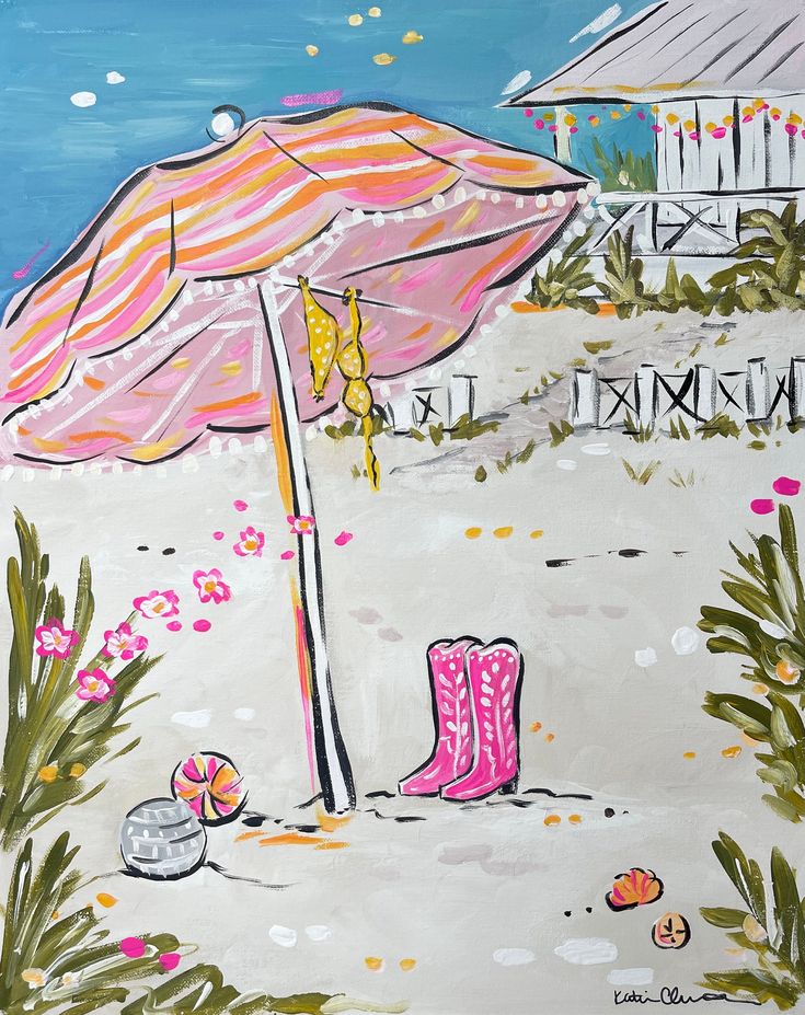 a painting of a pink umbrella and boots on the beach with flowers in the sand