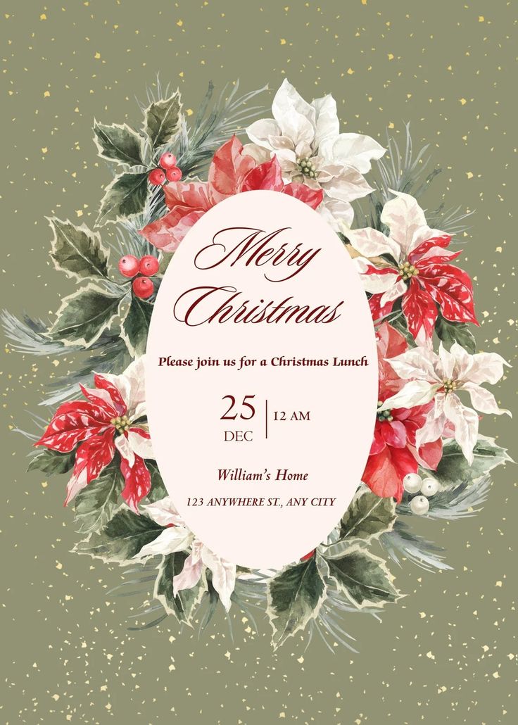 a christmas party flyer with poinsettis and holly wreath on the front cover