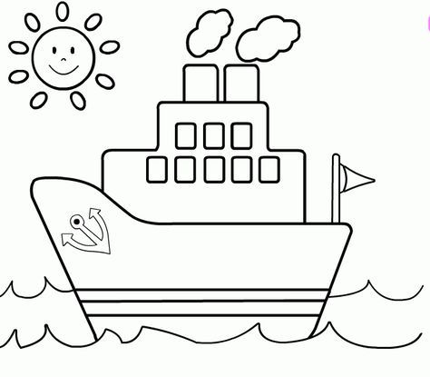 a ship with sun and clouds in the sky coloring page for kids to print out