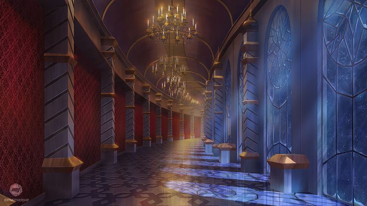 an empty hallway with chandeliers and stained glass windows