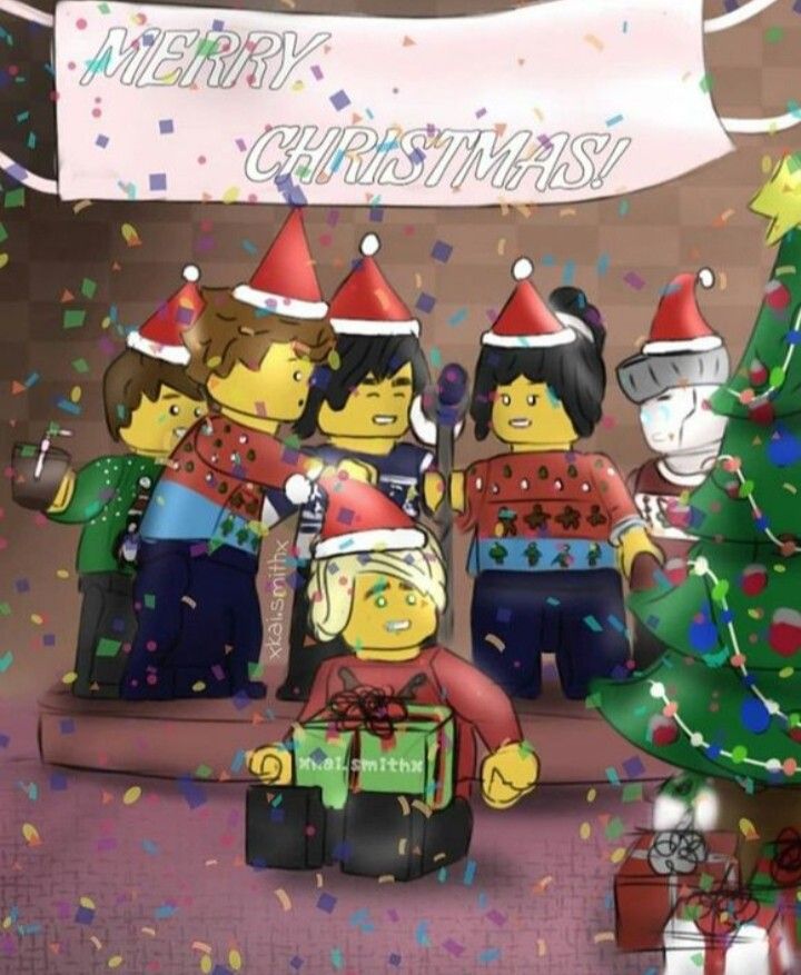 a group of lego people standing in front of a christmas tree with confetti