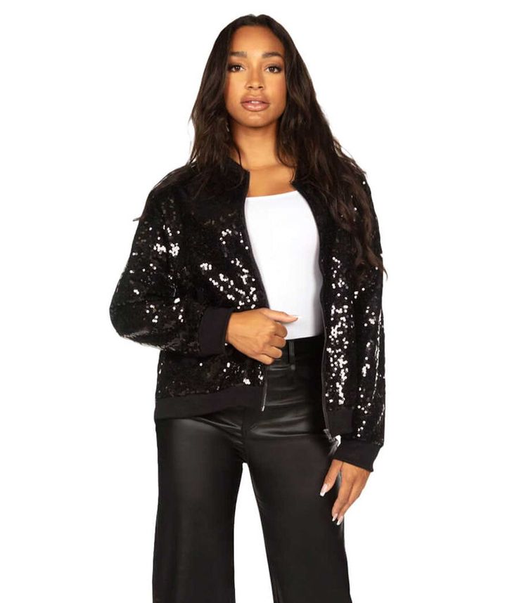 What some lack in holiday red and green apparel, others make up for in complete abundance. For those Christmas enthusiasts that just can’t find the right jacket to complete their holiday look, we introduce to you the Women’s Black Sequin Bomber Jacket. Any outfit will love this agreeable piece. Glitter Jacket Outfit, Fitted Outerwear For Christmas Costume Party, Holiday Night Out Long Sleeve Outerwear, Holiday Night Out Outerwear Long Sleeve, Glamorous Winter Outerwear For Night Out, Glamorous Outerwear For Costume Party Season, Glamorous Outerwear For Costume Party, Glamorous Outerwear For Costume Party And Party Season, Festive Long Sleeve Outerwear For Party Season