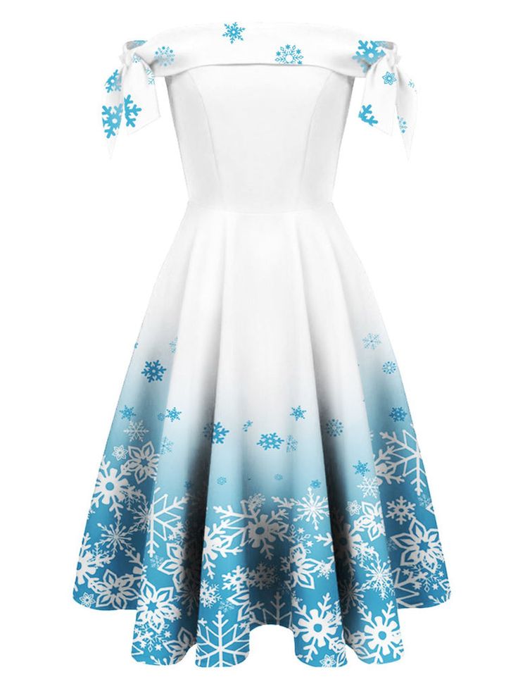 a white and blue dress with snowflakes on the shoulders, tied at the waist