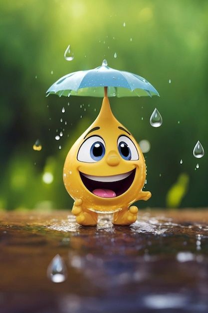 a smiley face holding an umbrella on top of a wooden table with water droplets around it