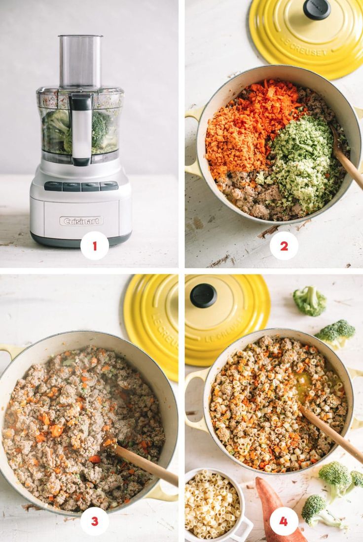 four pictures showing how to make a meal in a food processor, including broccoli, carrots and rice