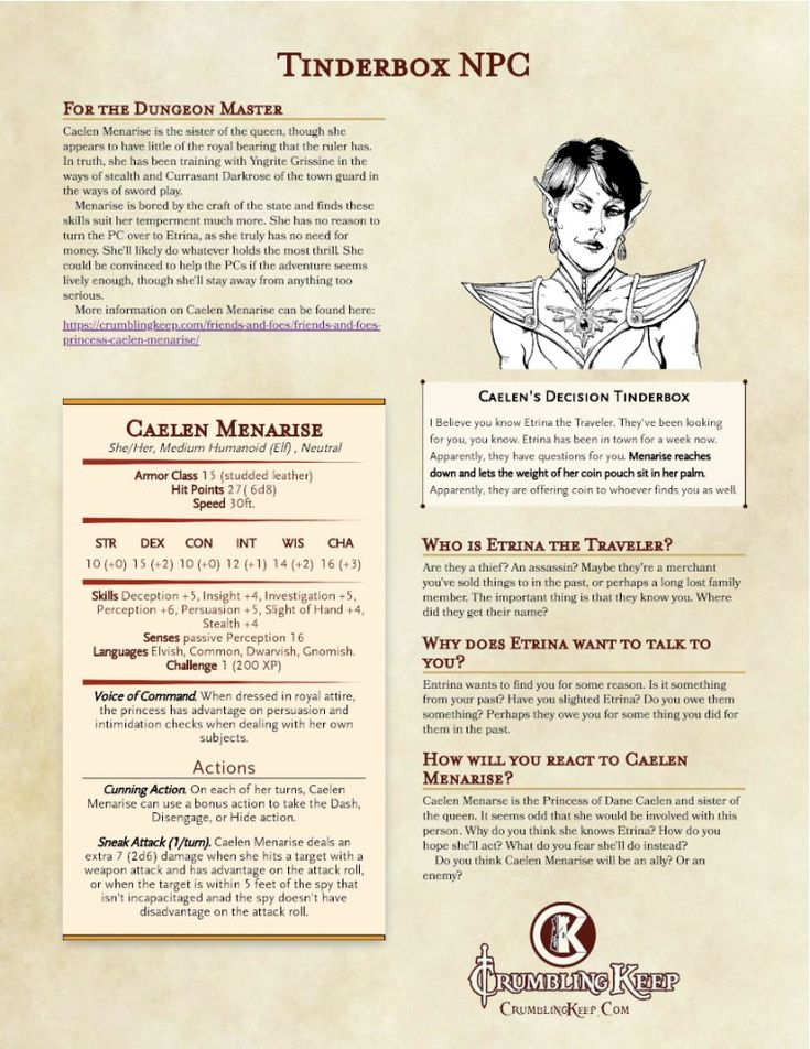 an image of a page with information about the character and their roles in tinderbox