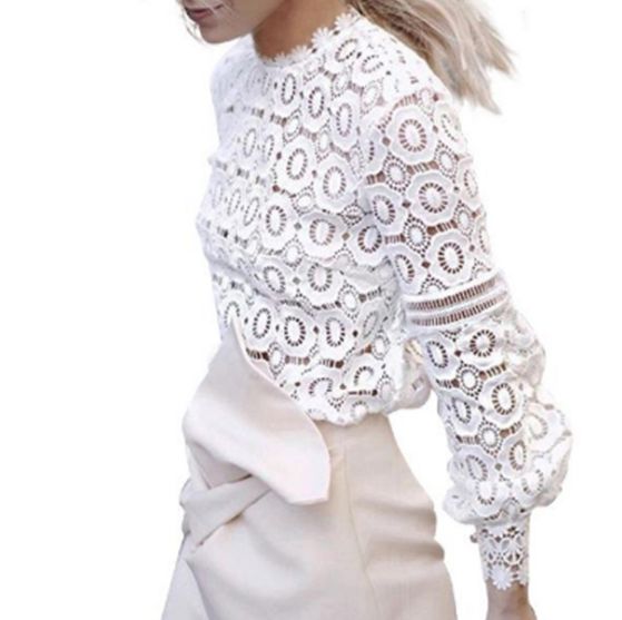 Chic Lace Patchwork Tops For Spring, Spring Chic Crochet Lace Top, Elegant High Neck Lace Top For Party, Chic Long Sleeve Tops With Lace Sleeves, Chic Tops With Lace Long Sleeves, Chic White Tops With Lace Patchwork, Feminine Crochet Lace Top For Spring, Elegant High Neck Lace Top, Spring Lace Trim Crew Neck Top