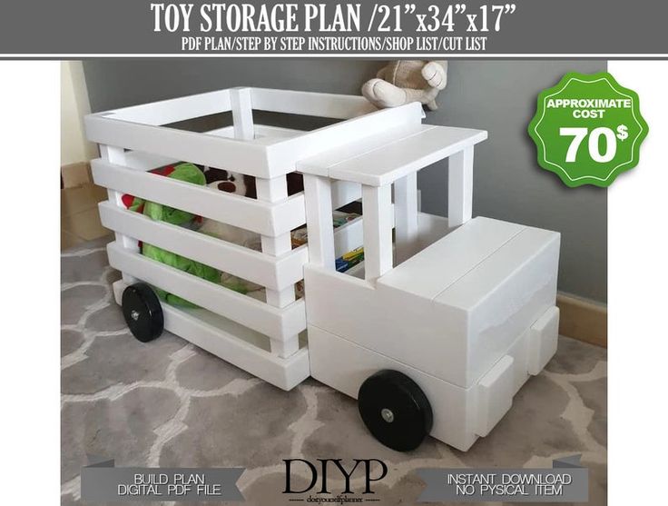 a white toy truck with stuffed animals in it's crate on the floor next to a gray wall