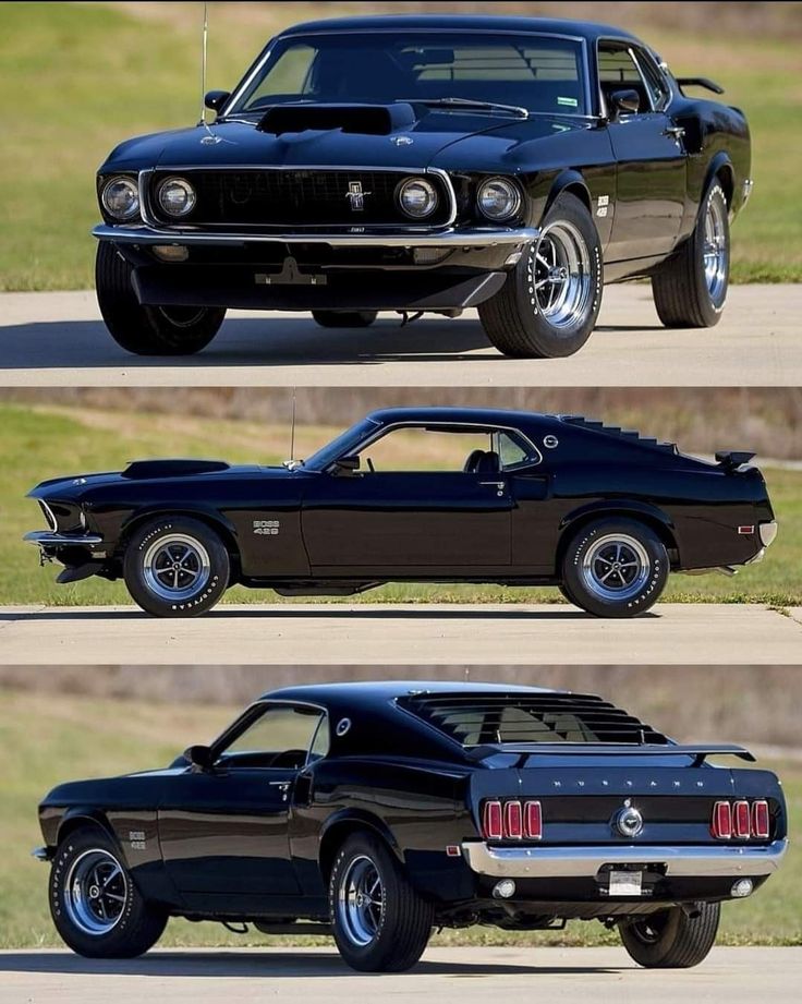 three different views of a black muscle car