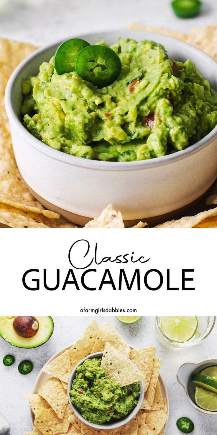 guacamole in a bowl with tortilla chips on the side