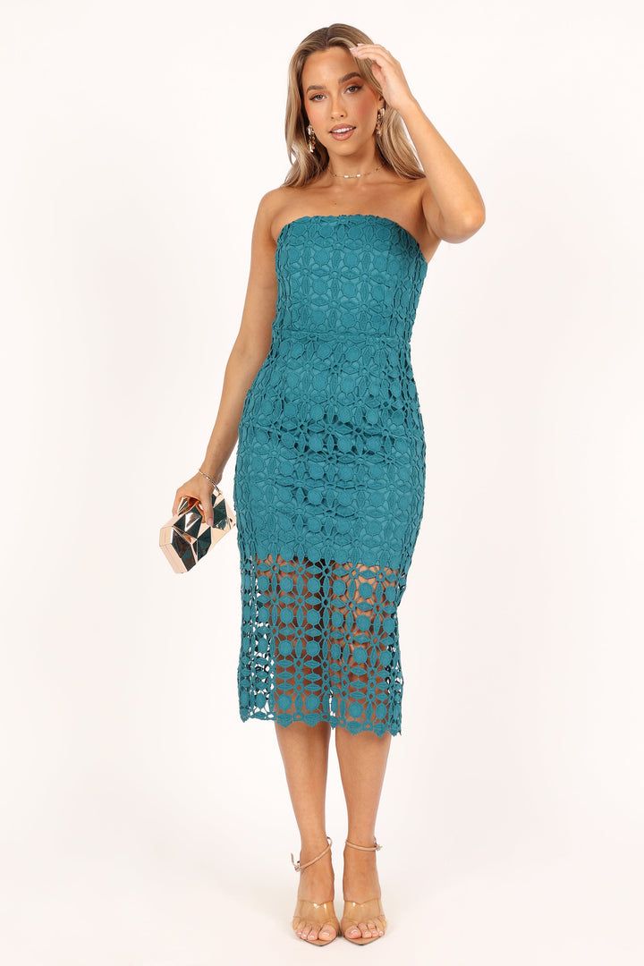 Candice Strapless Lace Midi Dress - Teal - Petal & Pup USA Summer Party Midi-length Tube Top, Spring Prom Midi Dress With Straight Neckline, Prom Strapless Midi Dress, Strapless Summer Midi Dress For Prom, Strapless Midi Dress With Fitted Bodice For Night Out, Spring Party Strapless Midi Dress, Summer Strapless Midi Dress For Prom, Strapless Midi Dress For Spring Party, Strapless Midi Dress For Prom