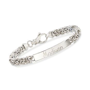 Ross-Simons - Name - Italian Sterling Silver Byzantine Bar Bracelet. 7". From Italy, our classic sterling silver Byzantine bracelet gets a modern update with a sleek bar centerpiece. FREE engraving of a name with up to 12 characters in your choice of block or script type. An enduring piece with just-right contemporary appeal! Lobster clasp, sterling silver personalized Byzantine bar bracelet. Silver Quince, Byzantine Rings, Byzantine Necklace, Extraordinary Jewelry, Bar Bracelet, Silver Jewellery Sets, Id Bracelets, Fine Jewelry Bracelets, Bar Bracelets