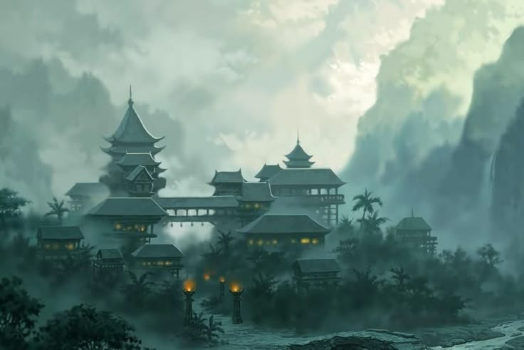 an animated scene with mountains and buildings in the background, as well as foggy clouds