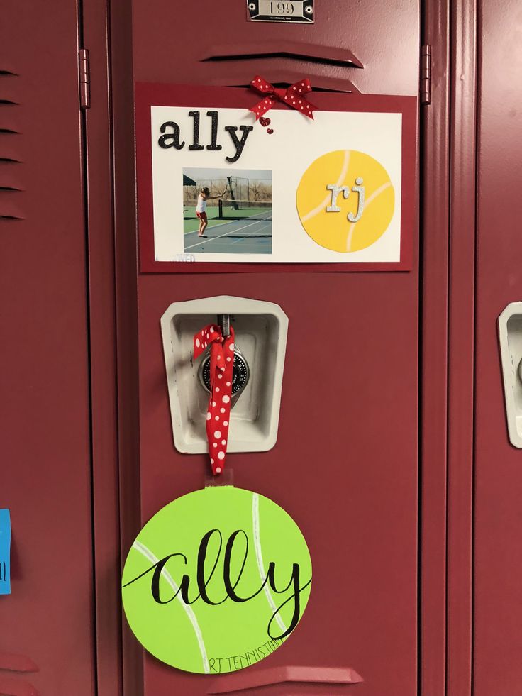 the lockers are decorated with pictures and name tags