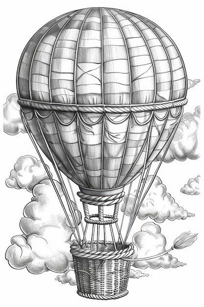 a drawing of a hot air balloon flying in the sky with clouds behind it,