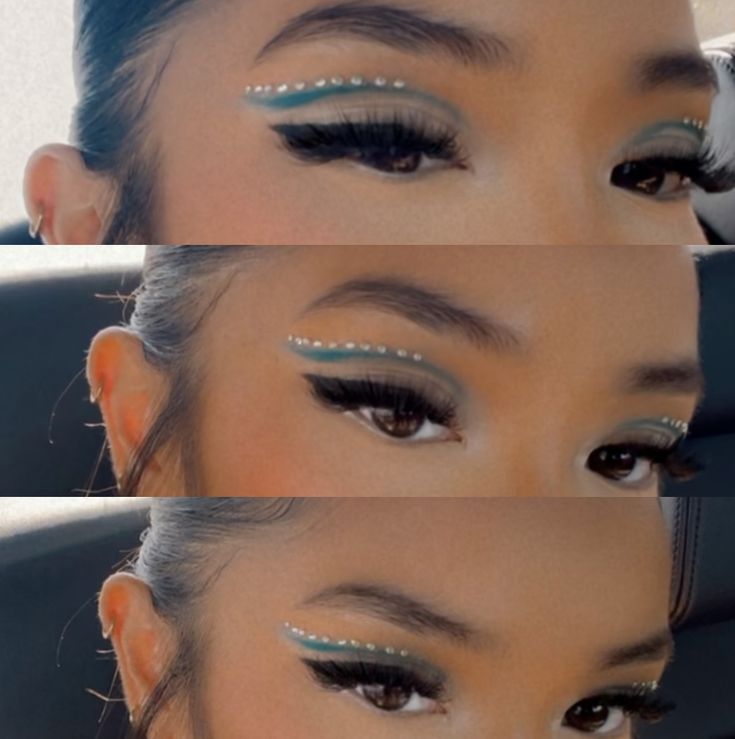 Blue eyeshadow cut crease with gem stones Festival Makeup With Gems, Easy Gem Makeup Looks, Blue Gem Eye Makeup, Rauw Alejandro Concert Makeup Ideas, Eye Stone Makeup, Blue Eye Makeup With Gems, Denim And Diamonds Makeup, Gem Stone Makeup Look, Blue Makeup With Gems