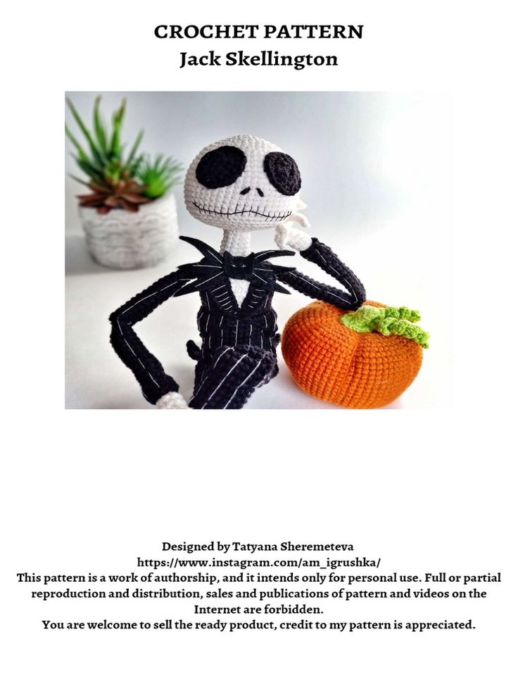 a crocheted skeleton holding an orange pumpkin