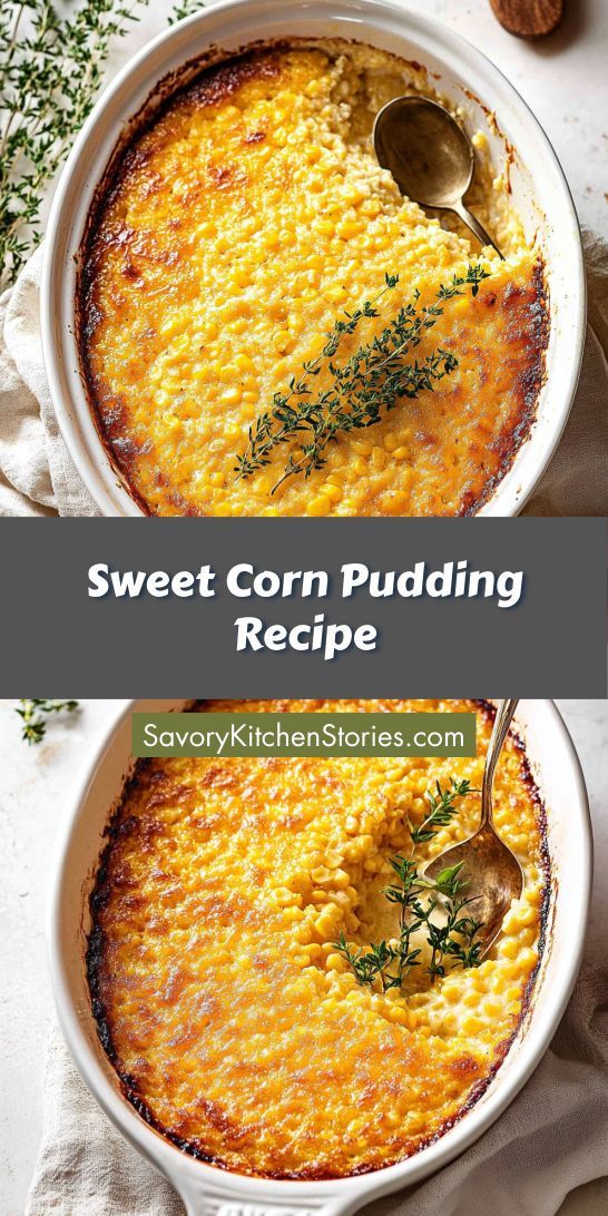 sweet corn pudding recipe in a casserole dish with a serving spoon on the side