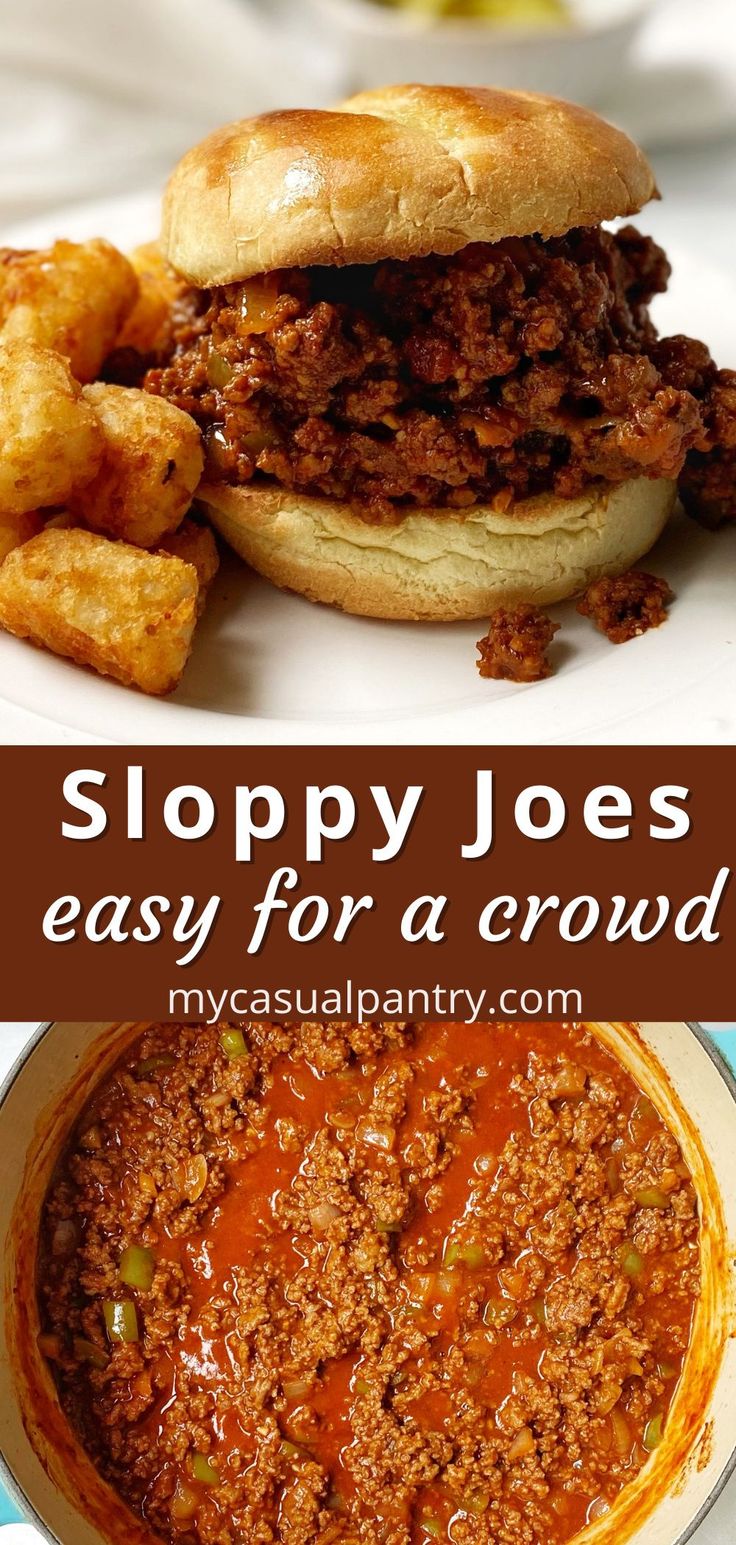 sloppy joe's homemade sauce in a white bowl with tater tots on the side