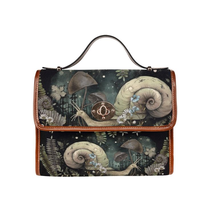 Snail forest canvas satchel bag 18.94 Oz. Made from high-grade waterproof canvas, durable, water-resistant. Can be used as a nice laptop iPad storage bag, business briefcase, college school bag, leisure travel tote bag, crossbody messenger bag, card wallet case, etc. Two interior pockets for small items one zipper pocket. Removable and adjustable shoulder strap. The shoulder strap of the bag are brown. Dimensions: 10.8"(L) x 4.13"(W) x 7.87"(H) x 2.75"(Hand Drop). The shoulder strap length is fr School Satchel With Canvas Lining, School Canvas Satchel With Top Carry Handle, Canvas Satchel With Top Carry Handle For School, School Satchel With Top Carry Handle In Canvas, Canvas Satchel With Top Handle For School, Rectangular School Satchel With Canvas Lining, School Satchel Bag With Canvas Lining, Canvas Satchel With Laptop Sleeve, Canvas Shoulder Bag Satchel With Laptop Sleeve