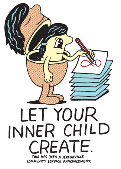 a cartoon character writing on a pile of paper with the words let your inner child create