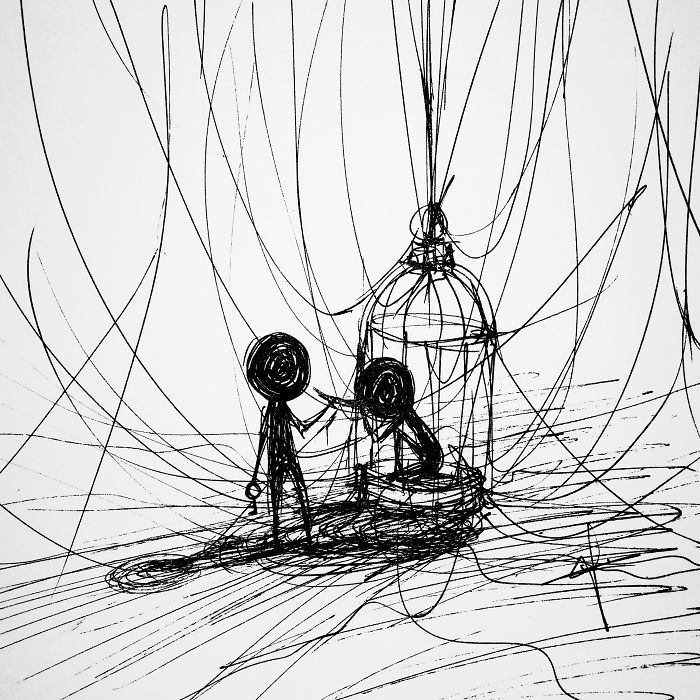 a drawing of two people holding hands in front of a birdcage filled with wires