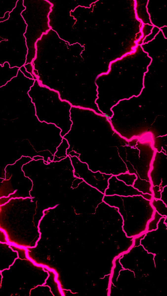 pink and black lightning streaks in the night sky with red lightenings on them