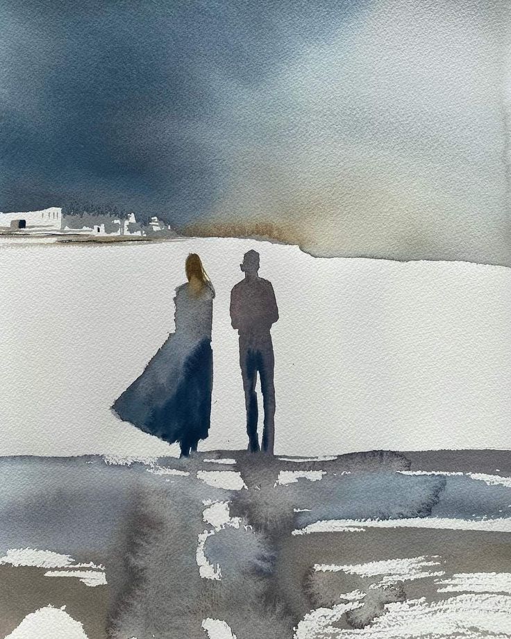 watercolor painting of two people standing on the beach in front of an overcast sky