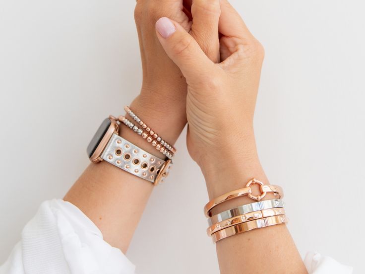 This classic bracelet is oval shaped for everyday polish and style. Hinged at the link for easy access. Designed to match our classic link band for the Apple Watch and classic link earrings. Brass with gold, rose gold, or rhodium plating. Nickel-free Hinged opening Fits up to 6.75" wrist Imported Arrives in a Goldenerre muslin gift pouch Gold Apple Watch Band, Rose Gold Apple Watch, Apple Watch Bracelets, Gold Apple Watch, Gold Apple, Classic Bracelets, Apple Watch Bands Leather, Link Earrings, Stacked Jewelry