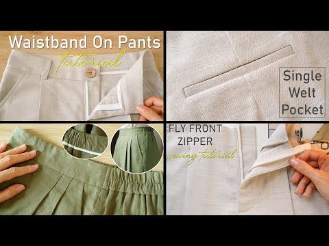 four pictures showing how to sew a pleated skirt on pants with the sewing machine