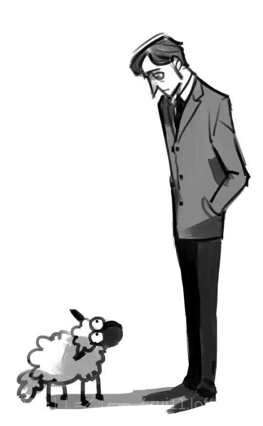 a black and white drawing of a man standing next to a sheep with its head down