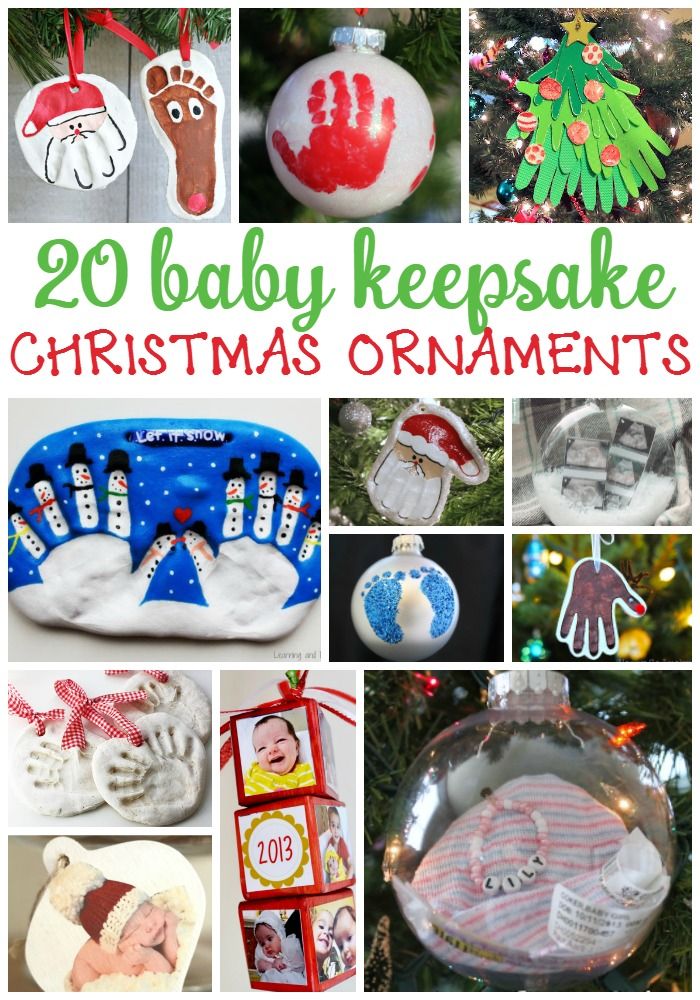 20 baby keepsake christmas ornaments with handprints on them and the text overlay reads, 20 baby keepsake christmas ornaments