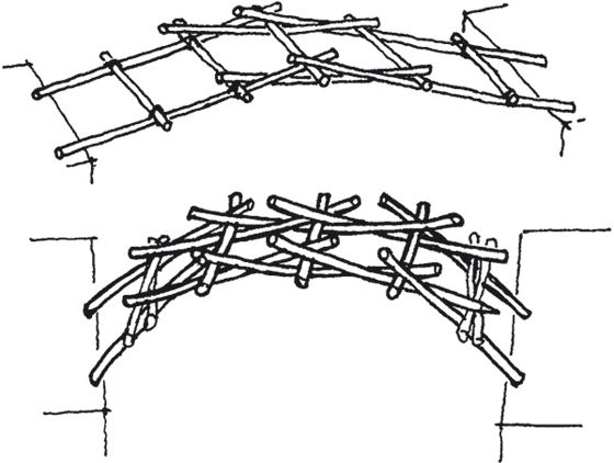 the diagram shows an arrangement of sticks and nails, vintage line drawing or engraving illustration