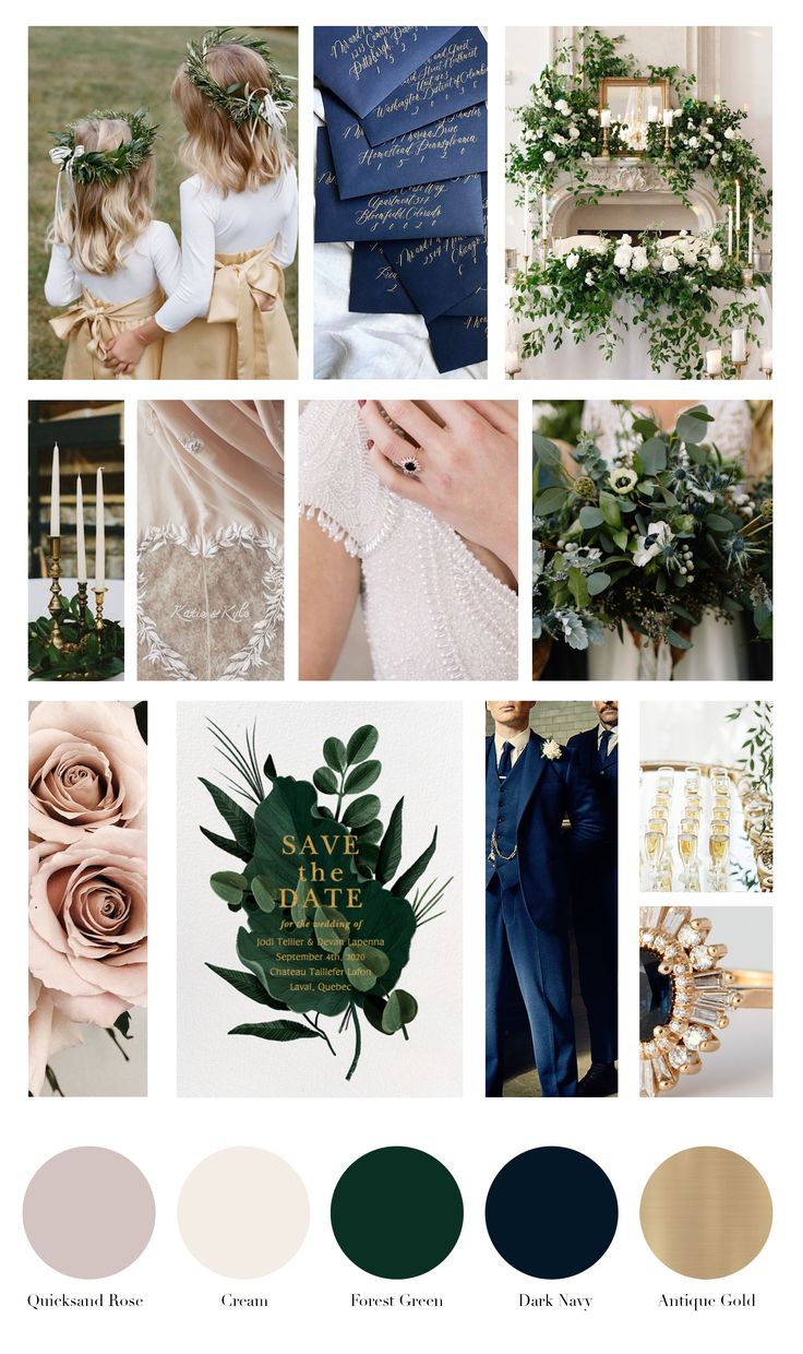 a collage with different colors and designs for wedding decorations, such as greenery