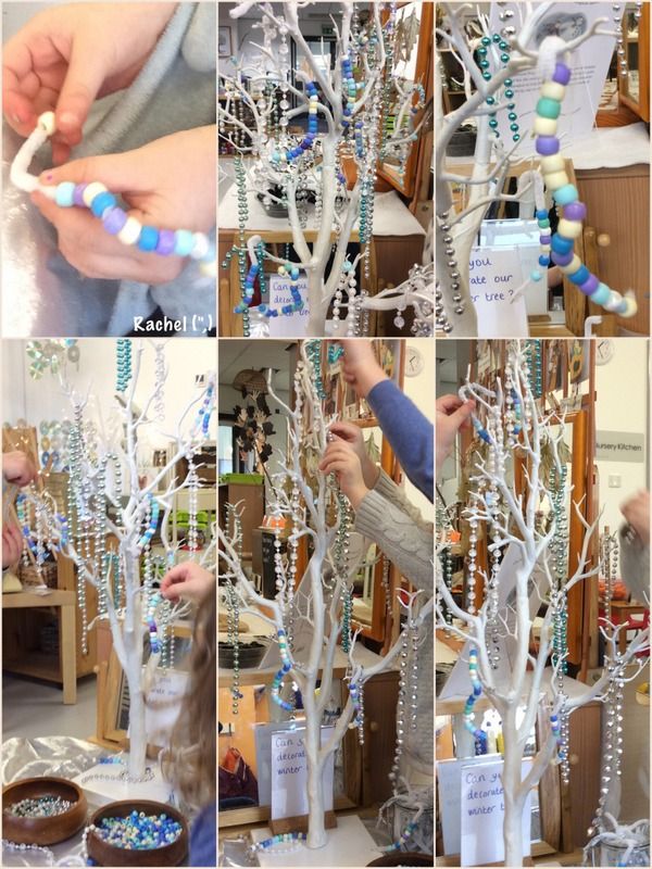 there are many pictures of different things in the tree and one is making something out of beads