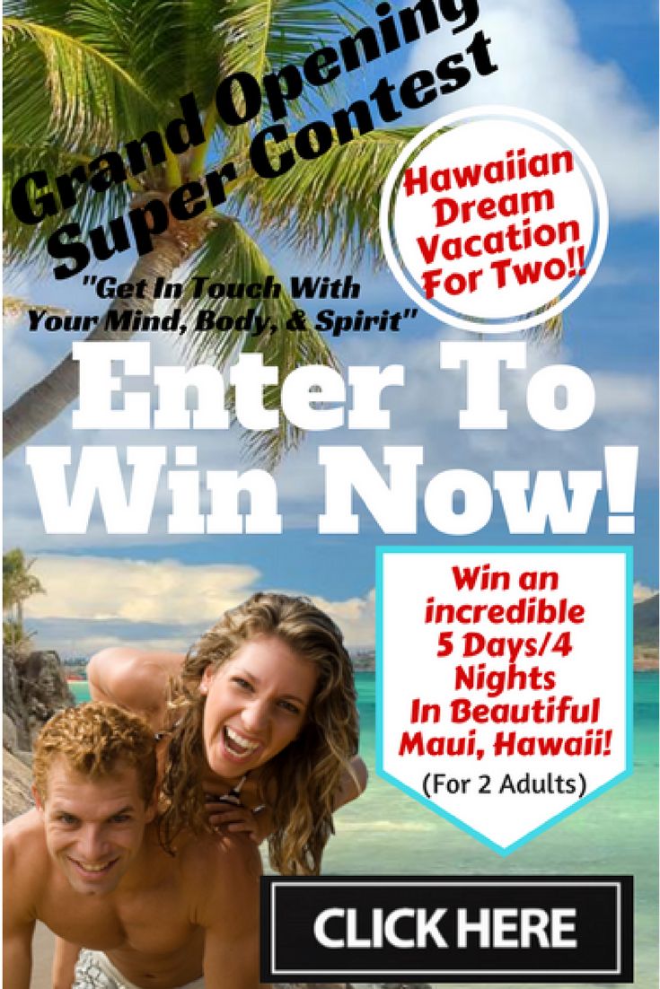 a flyer for a contest with two people on the beach and palm trees in the background