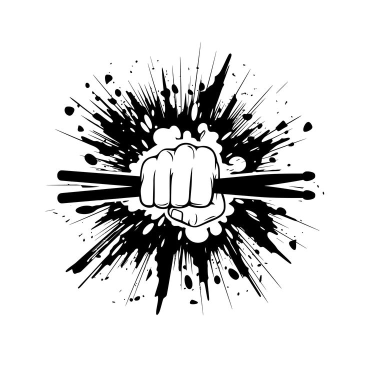 a black and white drawing of a fist with paint splatters on the side